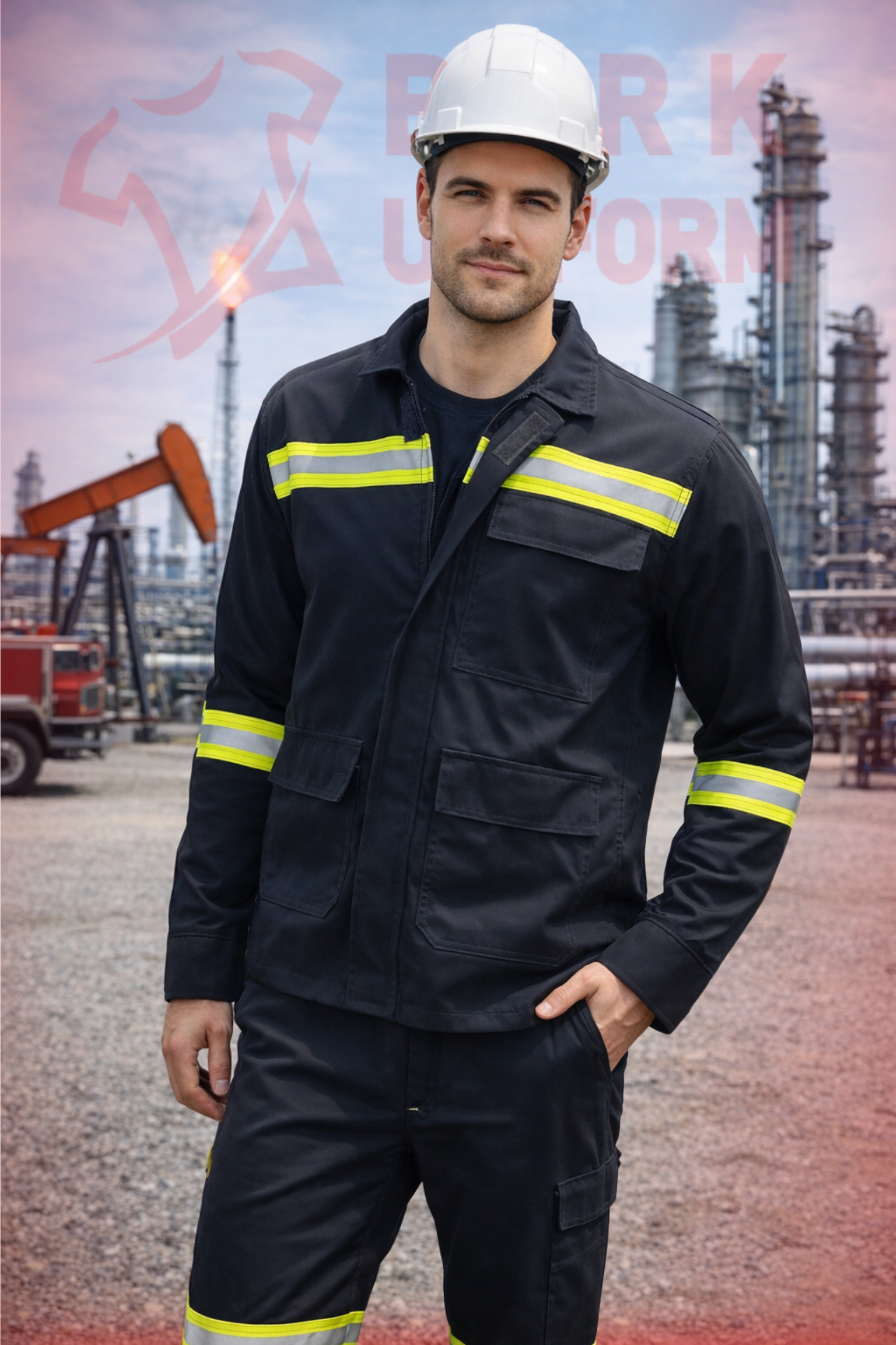 Black FR suit in oil refinery